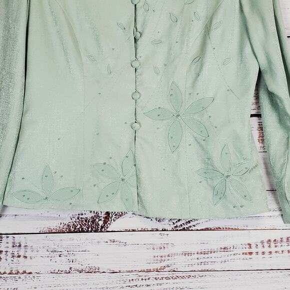 Vintage Adrianna Papell Silk Blazer Mint Green jacket Floral Embroidered Size 12 - Picture 5 of 9